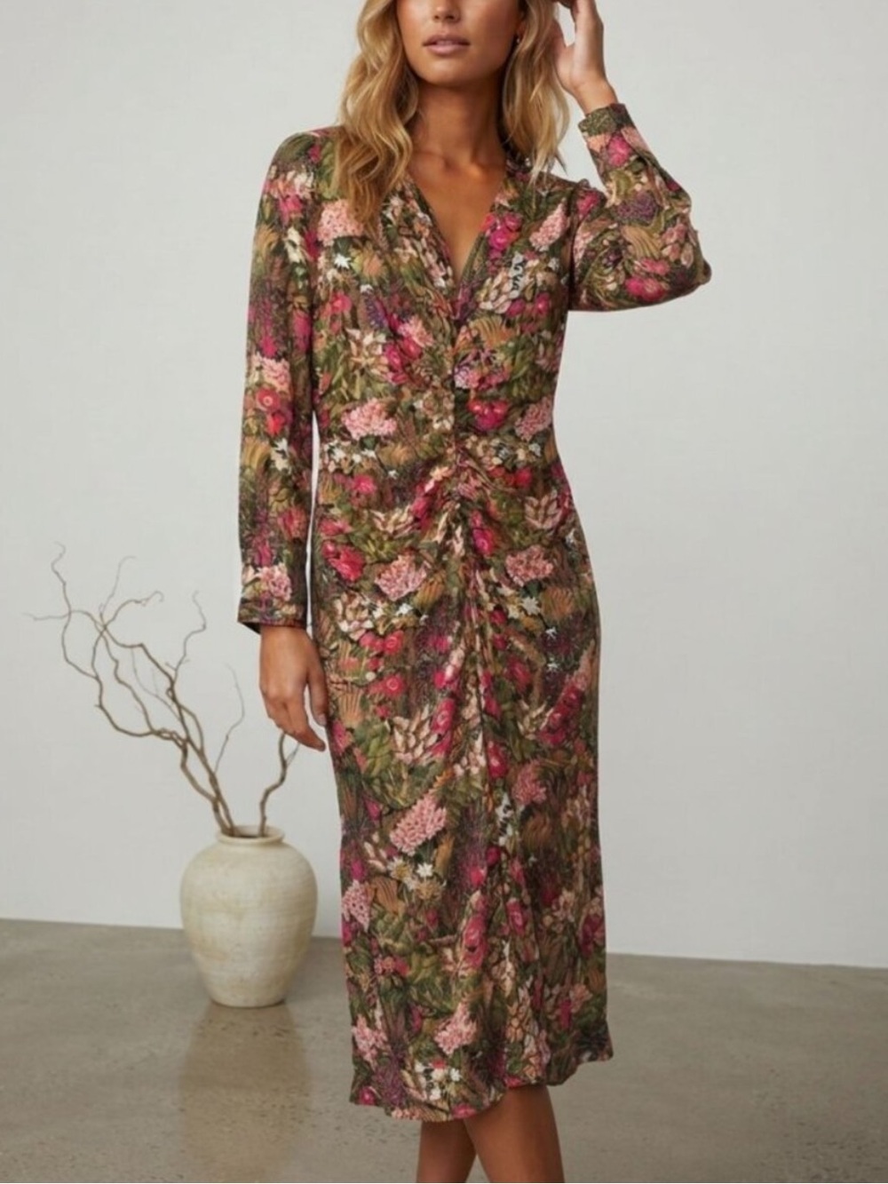 J.McLaughlin Floral Multicolor Long Sleeve Ruched Midi Dress Size 8 8724